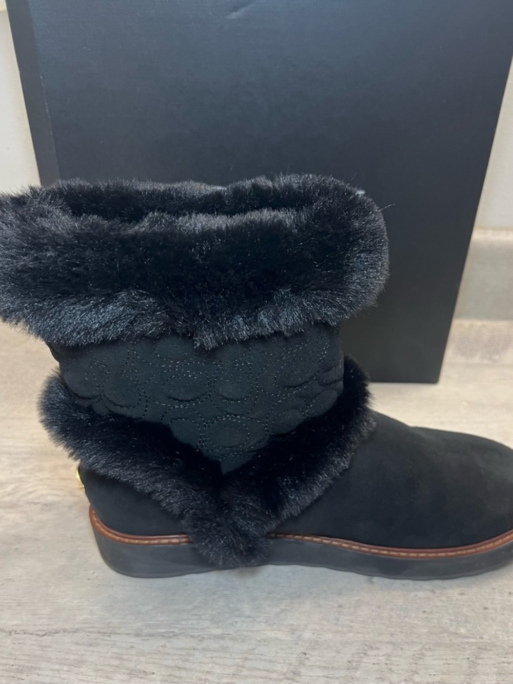 COACH IZZIE Boots Size 11 Black Signature Midcalf Suede Faux Fur FG4597 - Picture 6 of 16